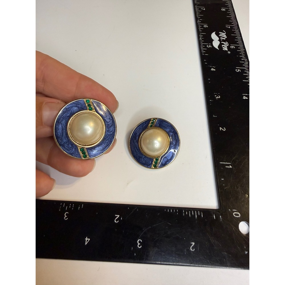 Trifari Blue Enamel Faux Pearl Green Rhinestone Clip On Button Earrings GoldTone